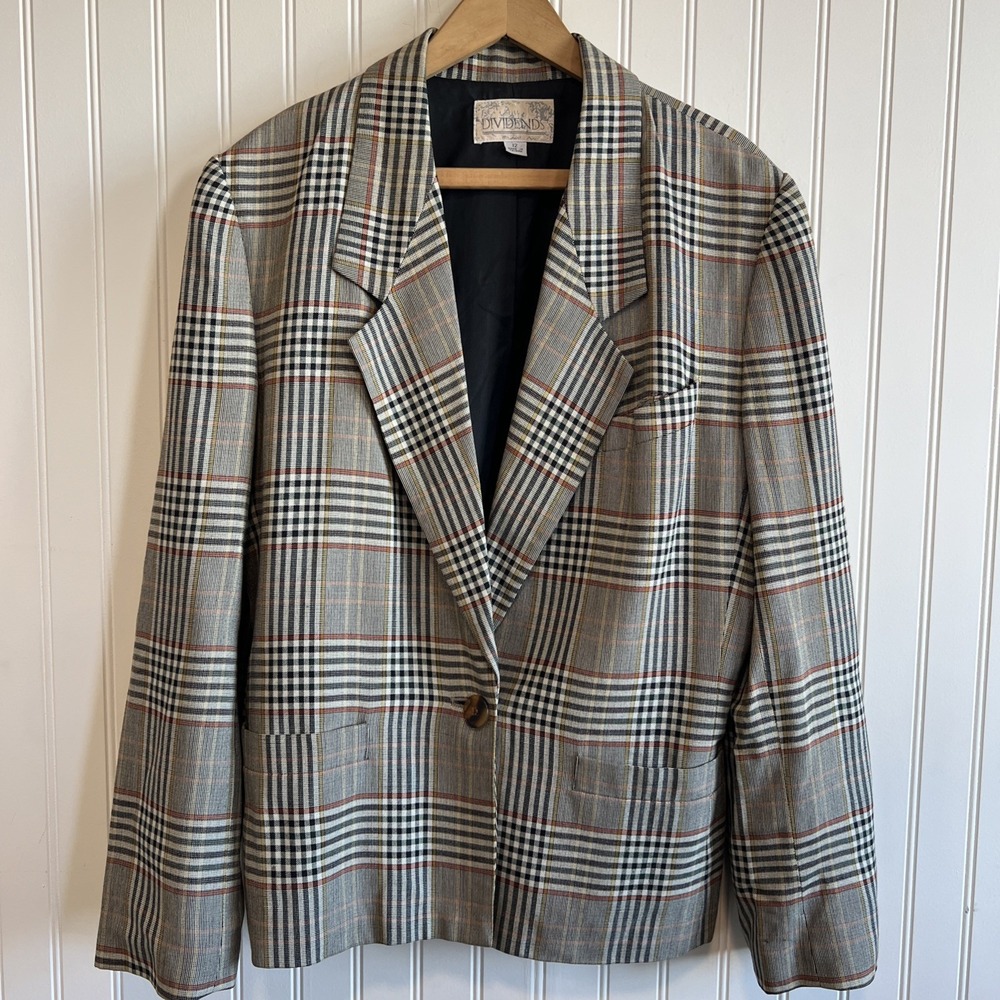 Dividends blazer women Size‎ 12 plaid vintage fall Rayon Linen Preppy